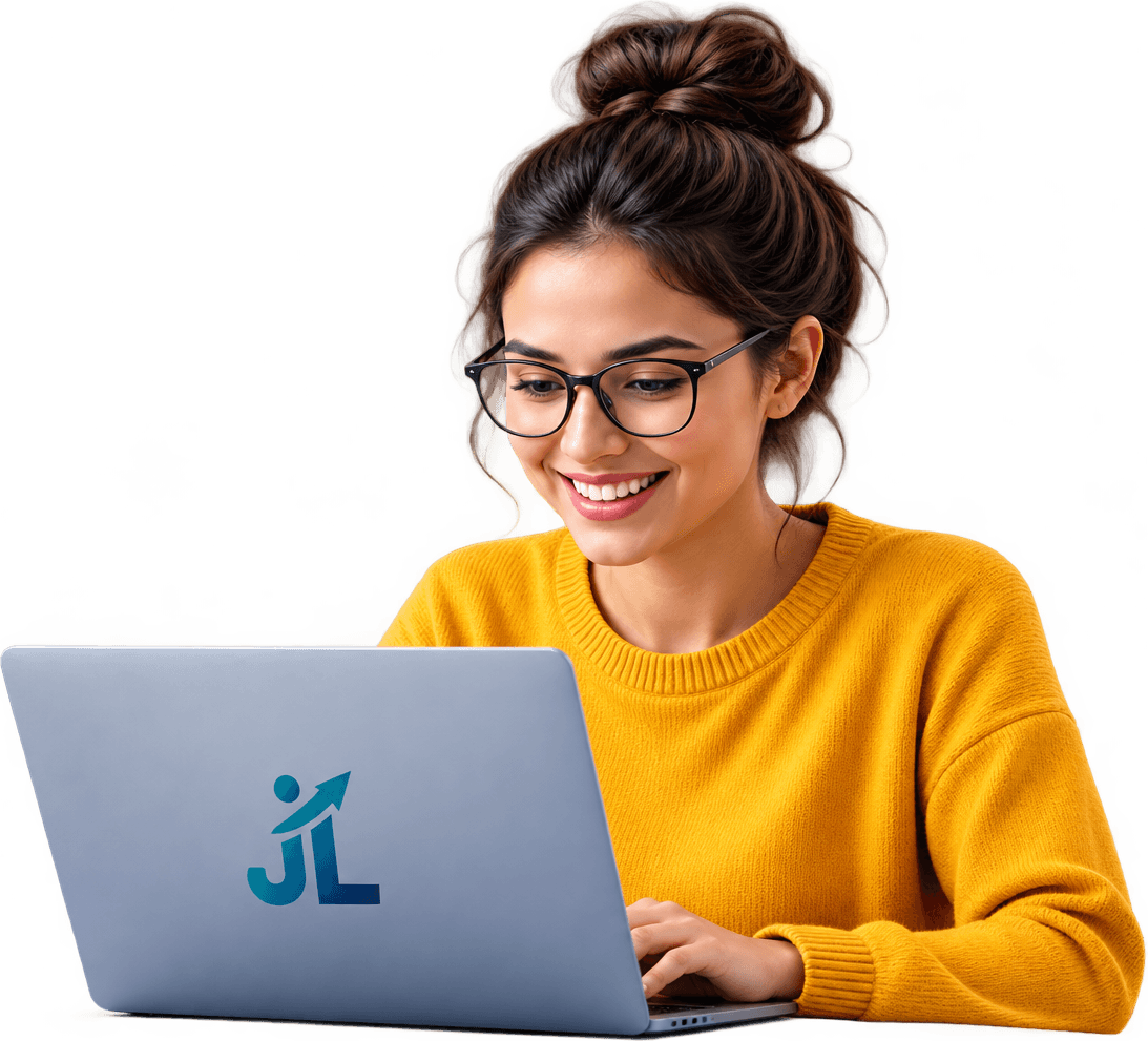 Job seeker smiling while browsing jobs on a JobLyne laptop